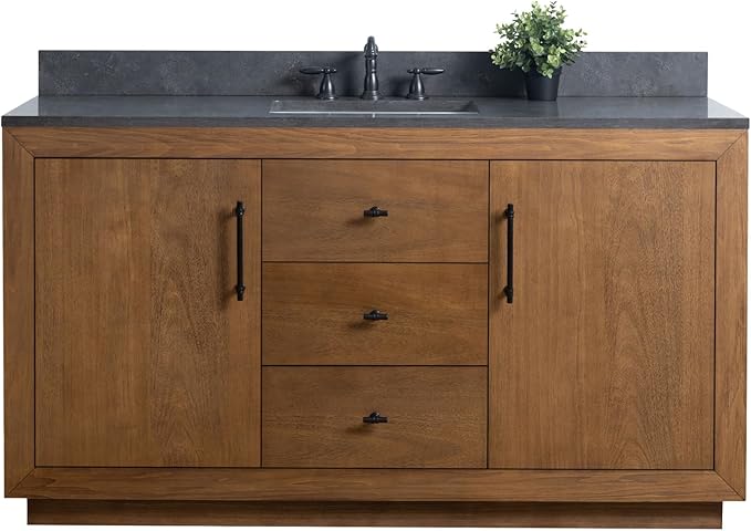 Vanity Art 60" Bathroom Vanity with Sink, Vanity Cabinet with Doors and Shelf, Modern Wood Bathroom Vanity with Black Marble Top, Solid Wood Frame, 3 Functioning Drawers,VA70-60-ST-B