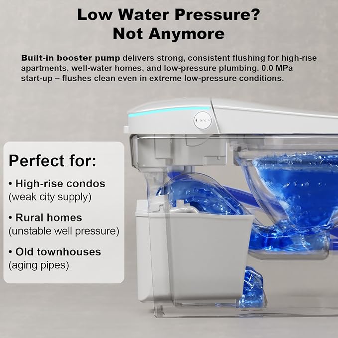 Smart Bidet Toilet, Booster Pump Powerful Flush, 1000g MaP, Auto Open Close | UV Light, Deodorization, Auto Soft Open/Close, Dual Flush, Heated Seat, Instant Warm Water, ADA Height for Bathrooms