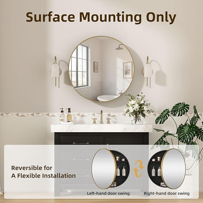 30 x 30 in Round Gold Mirror Medicine Cabinet Surface Mounted, Circular Modern Bathroom Medicine Cabinet with Mirror, Metal Framed Medicine Cabinets with Tempered Glass Mirror