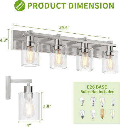 Bathroom Vanity Light,4 Light Nickel Light Fixture with Thickened Clear Glass Shade, 21 inch Dimmable Modern Wall Sconce, Bathrooms Vanity Light Over Mirror for Bathroom