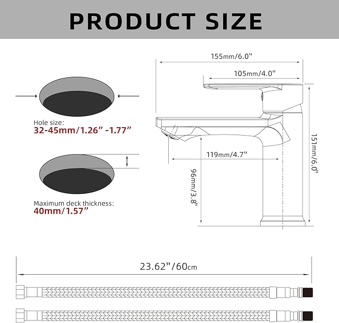 BELZ Bathroom Faucet Matte Black, Tool-Free Modern Single Handle Sink Faucet, Anti-Peeling Single Hole Vanity Faucet, Pre-Installed 24" Lines, Faucet Only