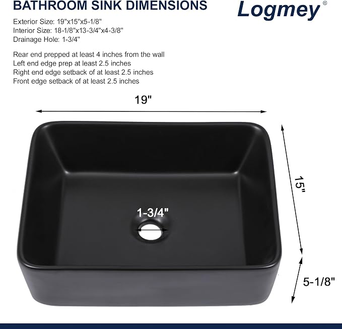 Logmey 19x15 Inch Black Vessel Sink | For RV Bathroom Rectangle Porcelain Ceramic Modern Countertop Above Counter Bathroom Large Vanity Art Basin