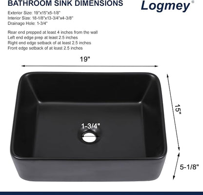 Logmey 19x15 Inch Black Vessel Sink | For RV Bathroom Rectangle Porcelain Ceramic Modern Countertop Above Counter Bathroom Large Vanity Art Basin