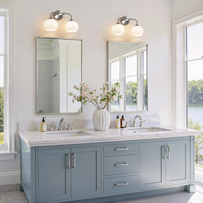 RUIYEY Bathroom Vanity Light Fixtures: 2-Lights Vanity Lighting Fixtures with Frosted Milky Glass Shades, Hardwired 15.9 in Brushed Nickel Vanity Lights Over Mirror (Exclude E26 Bulb)