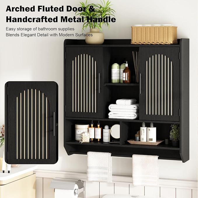 RUSTOWN Fluted Bathroom Wall Cabinet, Mid-Century Modern Medicine Cabinet with Adjustable Shelves & Towel Bar,3-Tier Wall Mounted Cabinets, Over The Toilet Storage Cabinets for Bathroom, Rustic Black