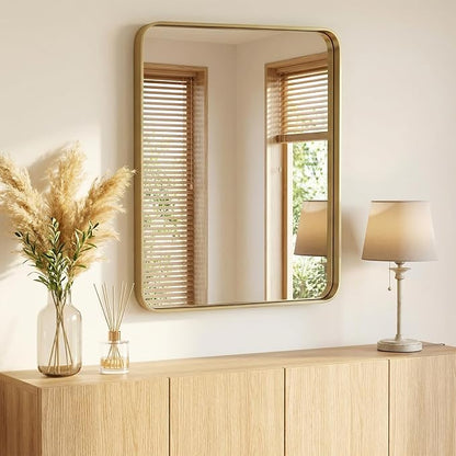 Sweetcrispy Bathroom Mirror 36x28 Inch, Vanity Mirror for Wall | Metal Framed Rounded Rectangle, Over Sink, Farmhouse, Restroom, Anti-Rust, Horizontal or Vertical Hanging, Gold