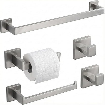 5 Piece Bathroom Hardware Set Brushed Nickel, SUS304 Stainless Steel Towel Bar Set, Modern Square Accessories with 16 Inch Rack Toilet Paper Holder Robe Hooks (Brushed Nickel)