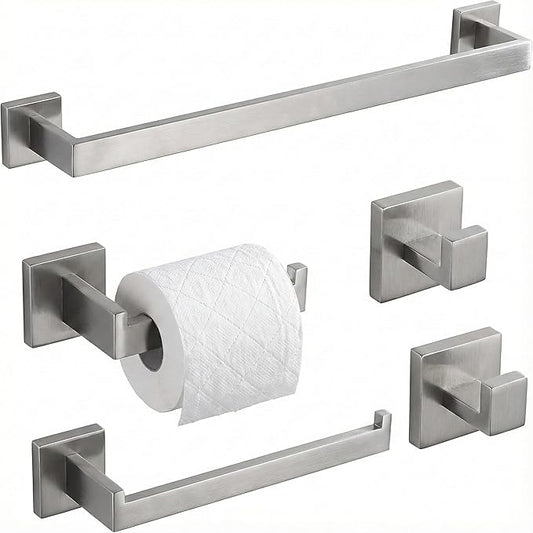5 Piece Bathroom Hardware Set Brushed Nickel, SUS304 Stainless Steel Towel Bar Set, Modern Square Accessories with 16 Inch Rack Toilet Paper Holder Robe Hooks (Brushed Nickel)