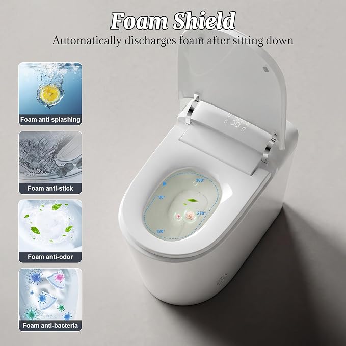 Smart Bidet Toilet with Tank Foam Shield Dual Auto Flush/Lid&Seat | Foot Sensor UV-C light Electric Modern One Piece Toilet for Bathroom with Siphon Dual Flush 0.8/1.2 GPF MAP 1000g