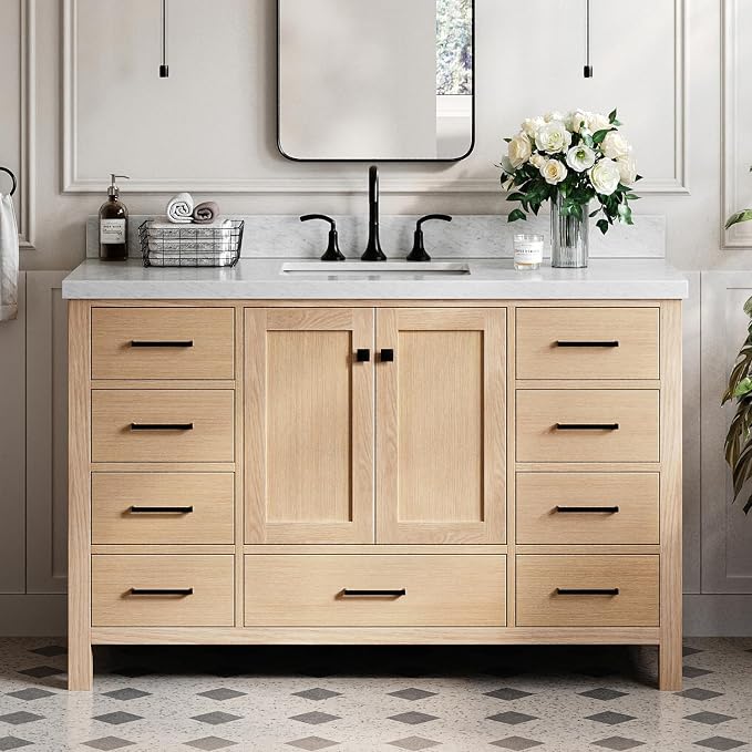 DKB Beckford 54-Inch Oak Bathroom Vanity with Sink, 1.5" Edge Carrara White Marble Countertop & 4" Backsplash, 2 Soft Closing Doors, 9 Dovetail Drawers, Matte Black Hardware