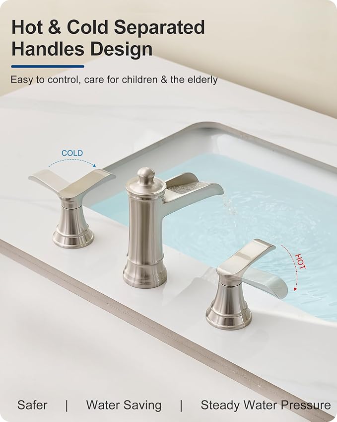 4-16 Inch Brushed Nickel Bathroom Faucet Waterfall, Brass Bathroom Sink Faucet 3 Hole 2 Handles Widespread with Pop-up Drain & Supply Hose for Vanity, Lavatory, Farmhouse Sink