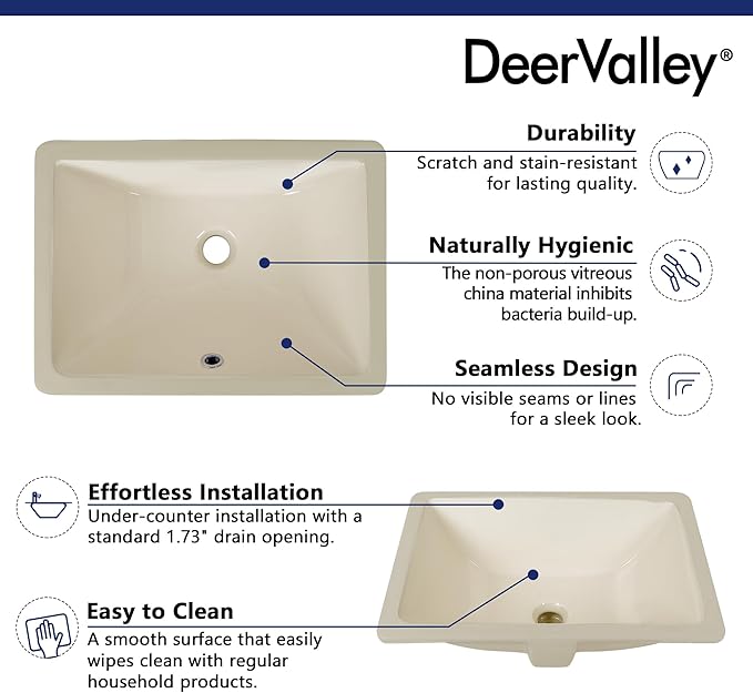 DeerValley DV-1U306BN Undermount Bathroom Sink 18'' x 13'' Rectangular Ceramic Sink Bathroom Wash Basin with Overflow Hole