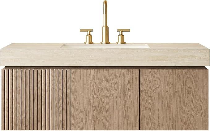 KEIKI 48 Inch Floating Bathroom Vanity with Sink, Light Brown & Beige | Modern Wall Mounted Storage Cabinet w/ Drawer & Door, Pre-assembled Wood Panels, Sintered Stone Top & Ceramic Basin Combo Set