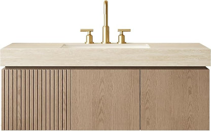 KEIKI 48 Inch Floating Bathroom Vanity with Sink, Light Brown & Beige | Modern Wall Mounted Storage Cabinet w/ Drawer & Door, Pre-assembled Wood Panels, Sintered Stone Top & Ceramic Basin Combo Set