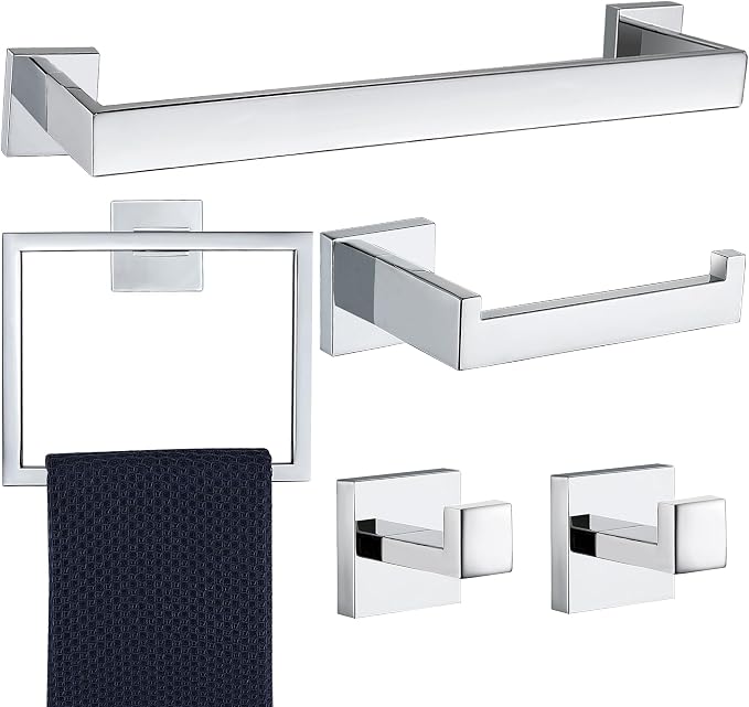 5 Pieces Bathroom Hardware Accessories Set Polished Chrome, 16Inch Bathroom Towel Rack Set SUS304 Stainless Steel, Square Bath Towel bar Set Heavy Duty, Wall Mounted