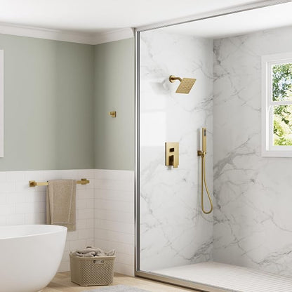 Wall Mount Shower System with Handheld Shower, Brushed Gold | 6-inch rain head, pressure-balanced brass valve, 2-function control and included 59-inch hose