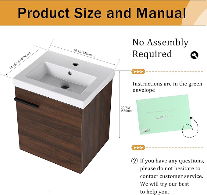 Malwee 18" Floating Bathroom Vanity with Sink, 18 Inch Wall Mounted Bath Cabinet Single Sink Combo for Small Space, with 1 Soft Close Door and White Ceramic Basin Top, Space-Saving Design (017-CAW)
