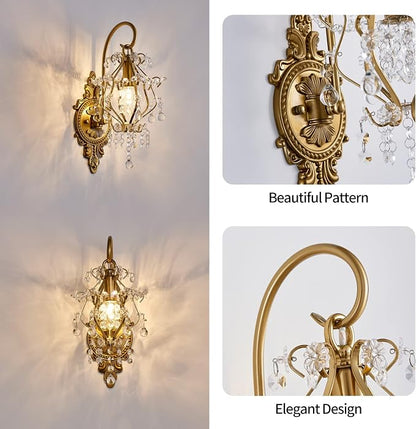 Fetason Indoor Hardwired Gold Crystal Vintage Wall Sconces Light Set of 2 | Modern Wall Mounted Lamp Light Fixture for Bedroom Living Room Bathroom Vanity Light Hallway Light Fixture Decor LED E12