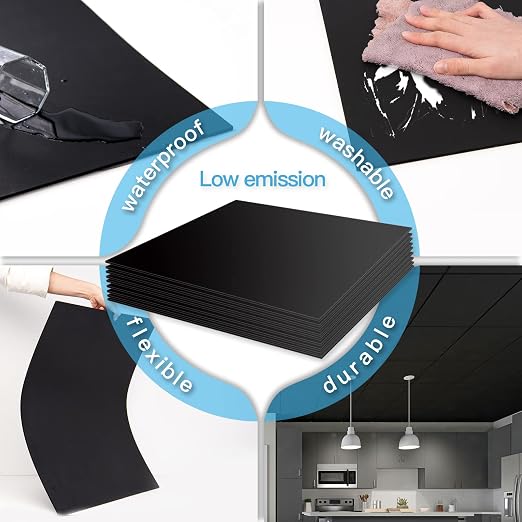 Art3d 12-Pack Smooth Drop Ceiling Tile 2ft x 2ft - Fire-Rated, Waterproof, Reusable - Premium PVC, No Sag and Breakage - Cover 48 Sq. Ft, Black | 2 x 2 ft, PVC, Waterproof, Fire-Rated, Reusable, Compatible with Grid System, Perfect for Living Room