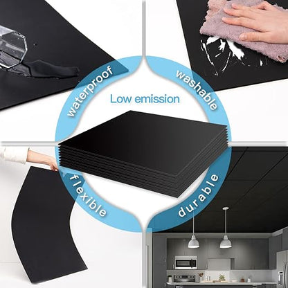 Art3d 12-Pack Smooth Drop Ceiling Tile 2ft x 2ft - Fire-Rated, Waterproof, Reusable - Premium PVC, No Sag and Breakage - Cover 48 Sq. Ft, Black | 2 x 2 ft, PVC, Waterproof, Fire-Rated, Reusable, Compatible with Grid System, Perfect for Living Room