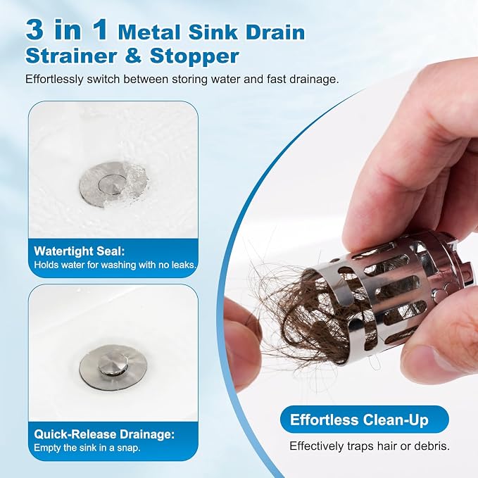 Hibbent Universal Bathroom Sink Drain Strainer, Upgraded 3 in 1 Pop Up Stopper, Removable Stainless Steel Filter Basket, Brass Bullet Core, Hair Catcher Sink Plug for 1.1''~2.36'' Hole, Brushed Nickel