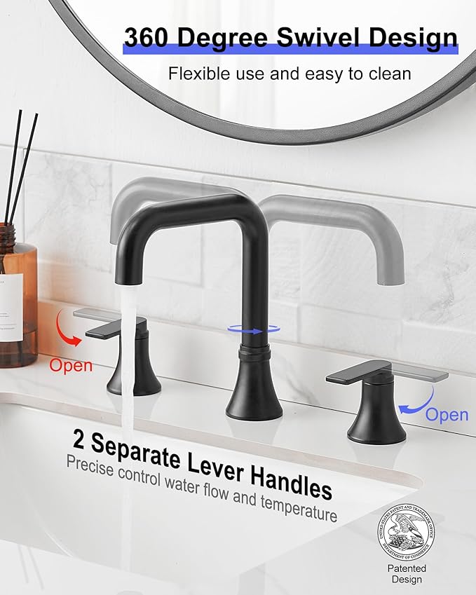 Black Bathroom Faucet Widespread 360 Degree Swivel Bathroom Faucets for Sink 3 Hole 4-10 Inch, 2 Handles Bathroom Sink Faucet with Pop-Up Drain & Water Supply Hose for Hotels, Rental Houses, RV