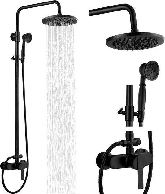 Airuida Matte Black Exposed Shower System with Handheld Spray | Single Handle,Wall Mount,8 Inch Rainfall Shower Head,Dual Function,Exposed Pipe