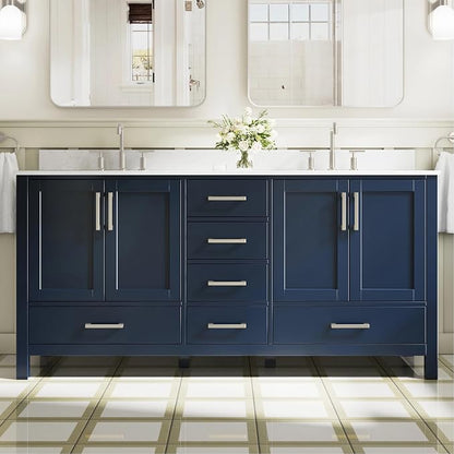 72-Inch Bathroom Vanity with Sink, 4 Soft-Close Doors and 6 Soft-Close Drawers, Bathroom Freestanding Vanity with Cultured Marble Countertop, Navy Blue Vanity with Brushed Nickel Handles
