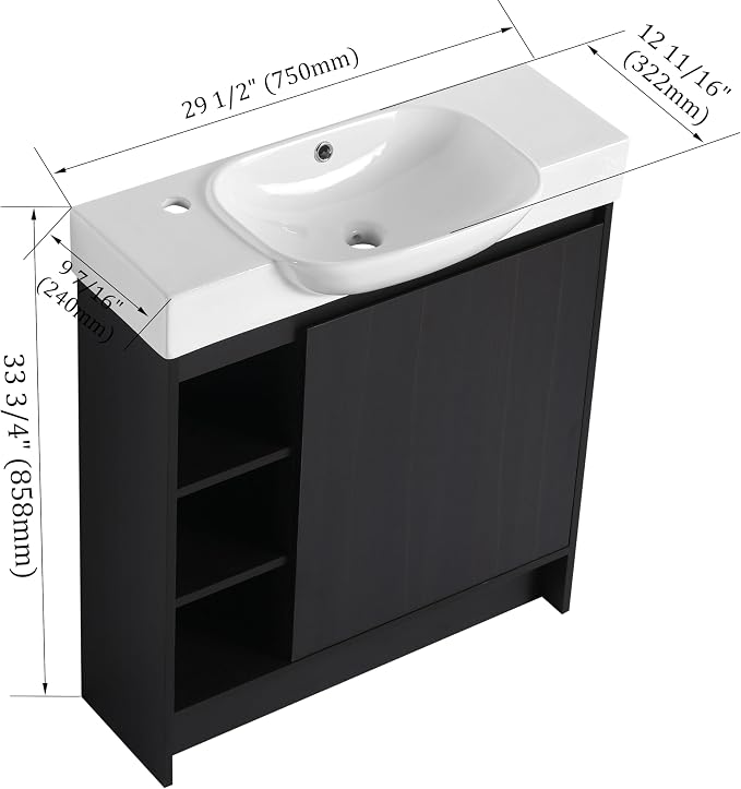 30" Freestanding Bathroom Vanity with Sink, Floor Cabinet, Dark Oak | Integrated Ceramic Sink, Soft-Close Door & 3 Open Storage Shelves, Small Bath Vanity Set, Easy to Clean