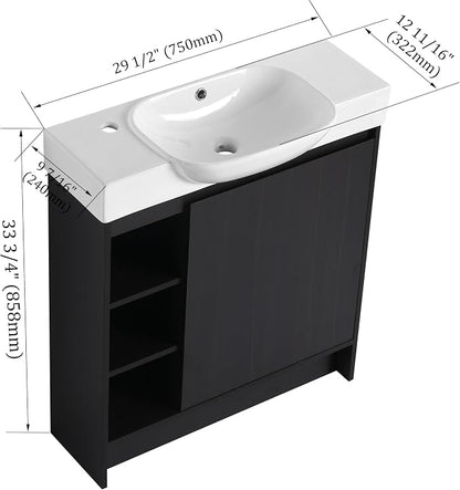 30" Freestanding Bathroom Vanity with Sink, Floor Cabinet, Dark Oak | Integrated Ceramic Sink, Soft-Close Door & 3 Open Storage Shelves, Small Bath Vanity Set, Easy to Clean