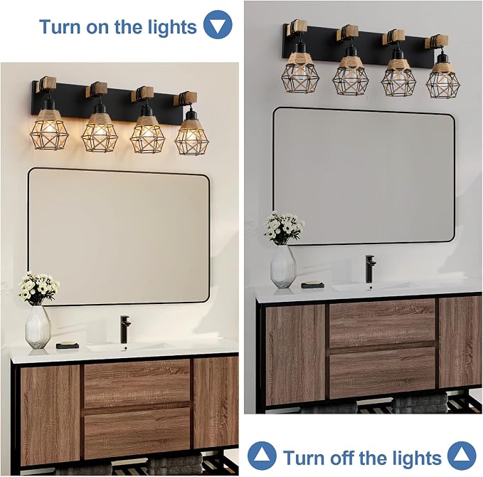 LmnLvn 4-Light Bathroom Vanity Light, Boho Farmhouse Hemp Rope Cage Shade | Wood & Black Metal Frame, Rustic Vanity Lighting, Mounted Over Mirror, Easy To Install for Restroom, Bedroom & Hallway