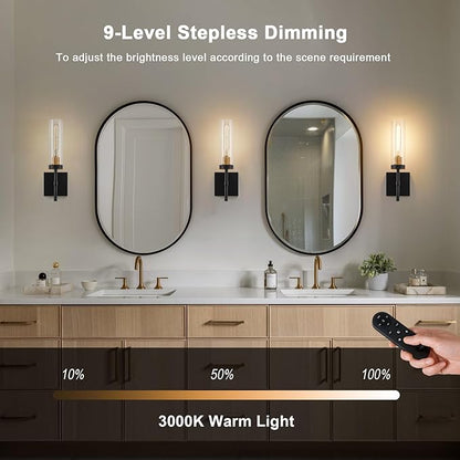 Wireless Wall Sconces with Remote Control, Battery Operated Wall Sconce Set of 2, Black & Gold Rechargeable Dimmable Wall Light for Bedroom Living room Bathroom Hallway Entryway Stairwell, 3000K