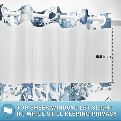 No Hook Floral Shower Curtain with Liner, Eucalyptus Blue, 71x74 | Snap in Liner, 3 in 1, Water Repellent, Easy Install, Machine Washable, Hotel Style for Bathroom, Watercolor Pattern