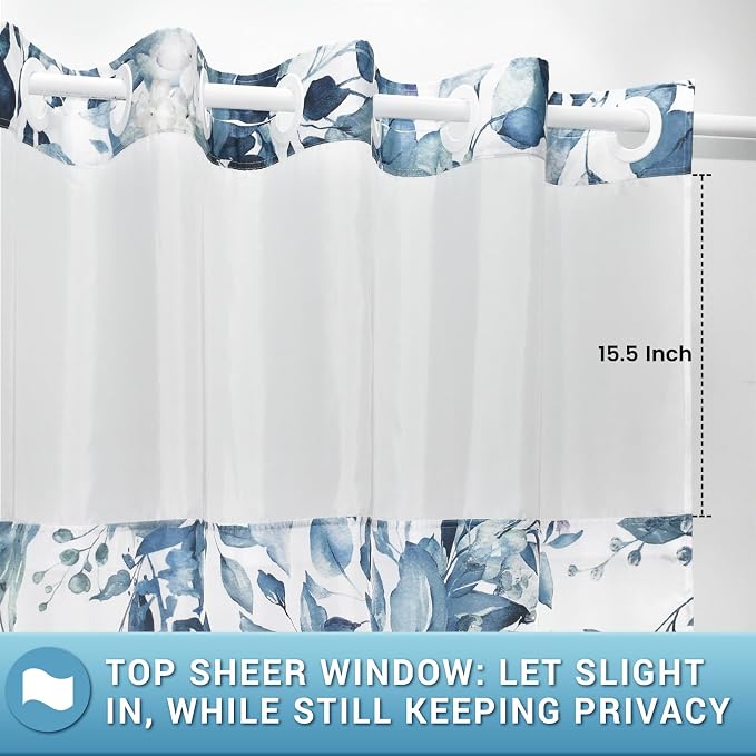 No Hook Floral Shower Curtain with Liner, Eucalyptus Blue, 71x80 | Snap in Liner, 3 in 1, Water Repellent, Easy Install, Machine Washable, Hotel Style for Bathroom, Watercolor Pattern