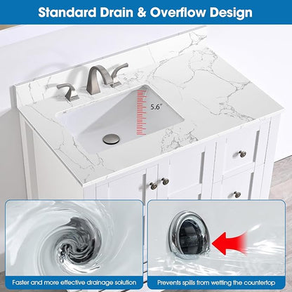 36 Inch Engineered Stone Bathroom Vanity Sink Top, with Undermount Rectangular Left Side Sink, Vanity Countertop with 8 inch Faucet Hole Spacing and Backsplash in Lightning White