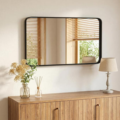 Sweetcrispy Bathroom Mirror 48x30 Inch, Vanity Mirror for Wall | Metal Framed Rounded Rectangle, Over Sink, Farmhouse Restroom, Anti-Rust, Horizontal or Vertical Hanging, Black