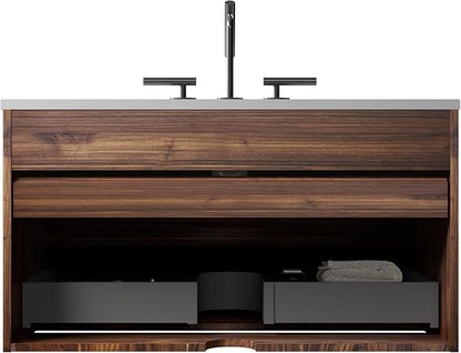 36" Floating Bathroom Vanity with Sink, Modern Wall Mounted Floating Vanity with Ceramic Sink, Double Soft-Close Drawers for Apartment, Hotel, Walnut+Black