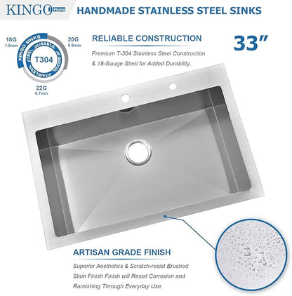 KINGO HOME 33 x 22 Inch Drop in Stainless Steel Kitchen Sink, Single Bowl 16 Gauge Top mount Sink Commercial Handmade 9 Inch Deep Kitchen Sinks Workstation Single Basin Brushed Satin Nickel