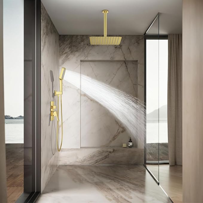 Shower System 12IN Modern Rain Brass Faucet Set With Valve and Diverter Shower Mixer With Handheld High Pressure Square Rainfall Shower Valve (12'' Ceiling Mount, Brushed Gold)