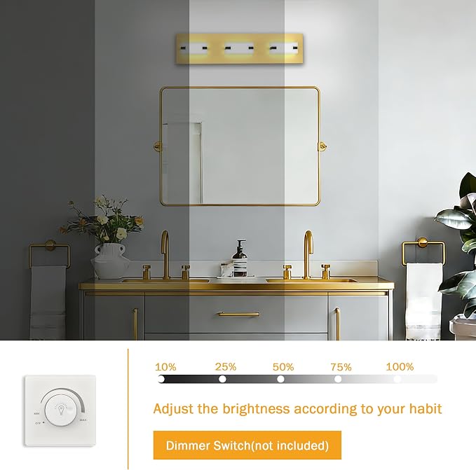 LED Bathroom Light Fixtures, 3-Light Modern Vanity Lights with Milky White Frosted Acrylic Shades, Gold Bathroom Lighting Fixtures Over Mirror, ETL Listed, 20W 5CCT Adjustable