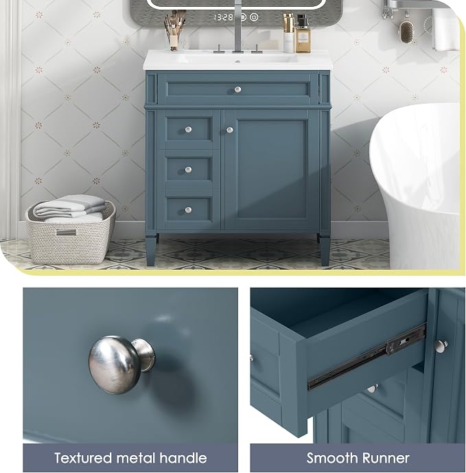 Merax 30 Inch Bathroom Vanity with Ceramic Sink, Solid Wood Frame Modern Bathroom Sink Storage Cabinet with 2 Drawers and a Tip-Out Drawer, Single Sink Bathroom Vanities, Indigo