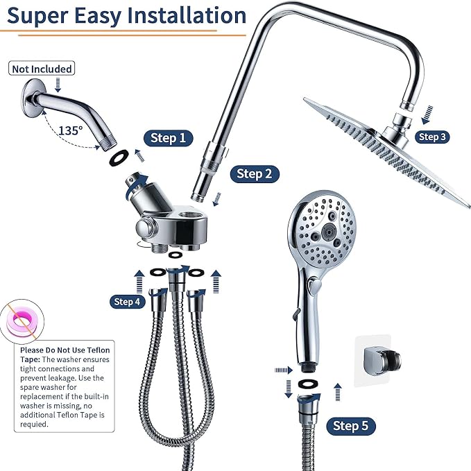 VXV Rainfall Shower Head Combo, 8'' High Pressure Rain Shower Head with 6 Function Handheld Spray, Dual Shower Head Combo with Adjustable Slide Bar, Chrome