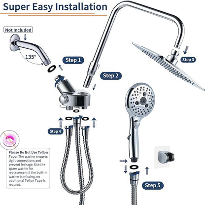 VXV Rainfall Shower Head Combo, 8'' High Pressure Rain Shower Head with 6 Function Handheld Spray, Dual Shower Head Combo with Adjustable Slide Bar, Chrome