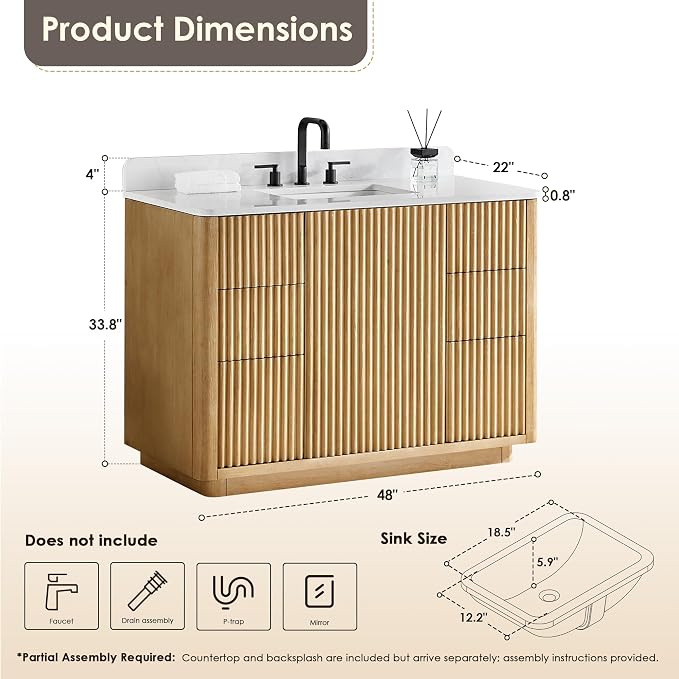48 Inch Bathroom Vanity with Sink Modern Pedestal Single Vanities with Top | Pre-Assembled, Backsplash Included, Sturdy Solid Wood, Large Storage Cabinet, Soft Closing Doors, Dovetail Drawers