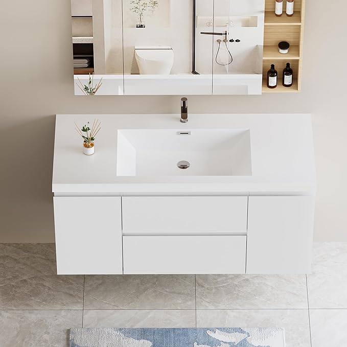 48 Inch Floating Bathroom Vanity with Single Sink, Modern Wall-Mounted Bathroom Vanity Storage Cabinet Organizer with 2 Soft Closing Doors and 2 Drawers (White)