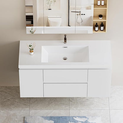 48 Inch Floating Bathroom Vanity with Single Sink, Modern Wall-Mounted Bathroom Vanity Storage Cabinet Organizer with 2 Soft Closing Doors and 2 Drawers (White)