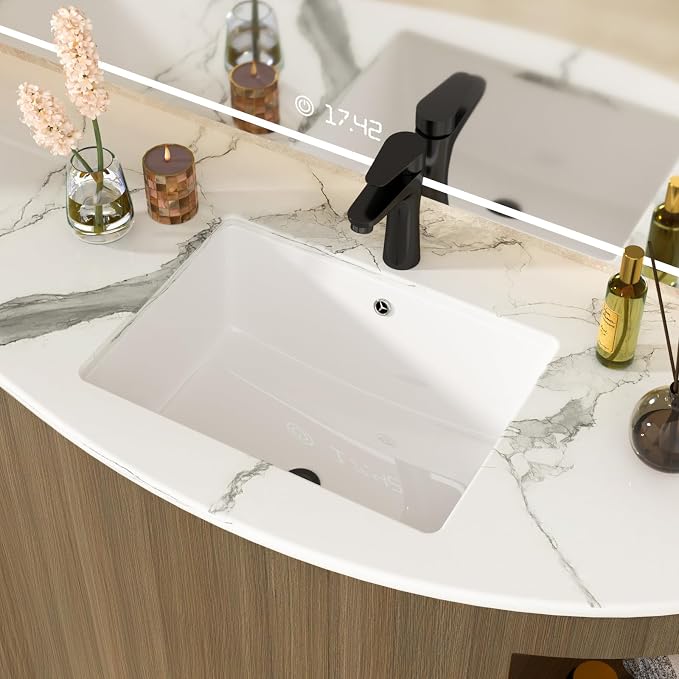 White Undermount Bathroom Sink 20.1"x14.6"Ceramic Basin | Modern Porcelain Under Counter Bathroom Vanity Sink, Interior Bowl 17.9"x 12.4", Rectangular Undermount Basin with Overflow