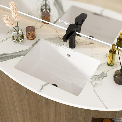 White Undermount Bathroom Sink 20.1"x14.6"Ceramic Basin | Modern Porcelain Under Counter Bathroom Vanity Sink, Interior Bowl 17.9"x 12.4", Rectangular Undermount Basin with Overflow