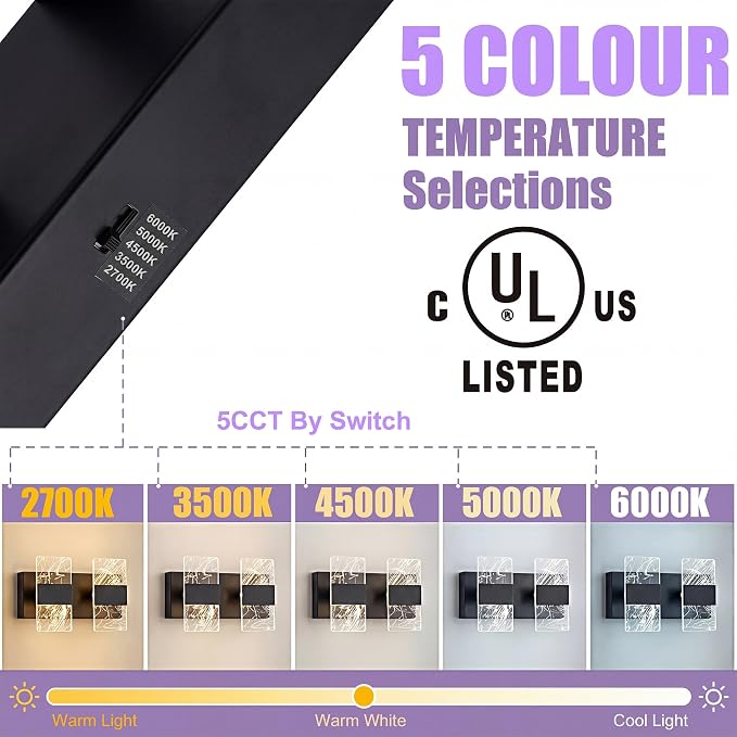 Matte Black Modern LED Bathroom 2-Light Vanity Light Over Mirror | 5CCT Adjustable Lighting, Smoked Acrylic LED Vanity Lights, Wall Sconces for Bathroom, Dimmable 6000K