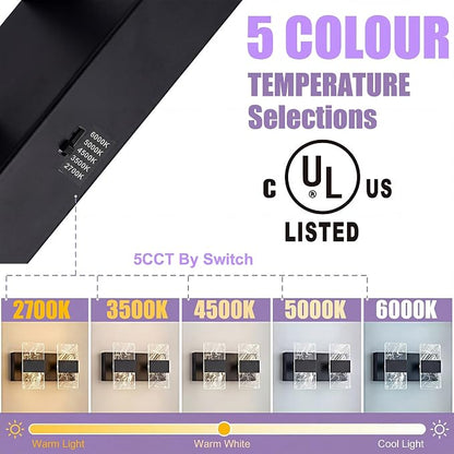 Matte Black Modern LED Bathroom 2-Light Vanity Light Over Mirror | 5CCT Adjustable Lighting, Smoked Acrylic LED Vanity Lights, Wall Sconces for Bathroom, Dimmable 6000K